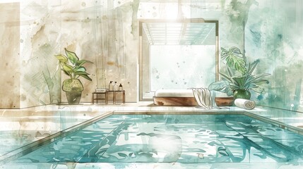 Sticker - Serene spa scene rendered in delicate and calming watercolor tones.