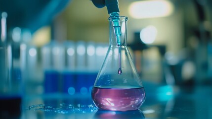 Poster - A close-up shot of a scientist's hand adding a blue liquid from a dropper to a flask filled with pink liquid