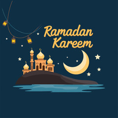 Wall Mural - Ramadan Kareem Greeting with Mosque and Crescent Moon 
