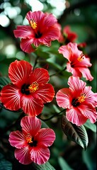 Bright red hibiscus flowers showcase intricate petals in flourishing garden. The lush greenery creates a vibrant backdrop for their beauty. AI