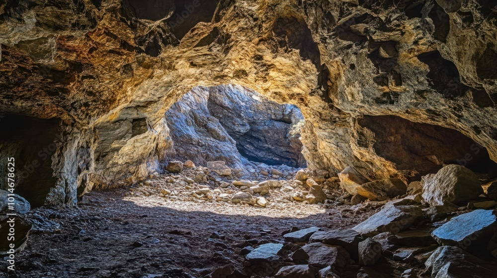Rocky cave entrance, with jagged rocks framing the dark opening into ...