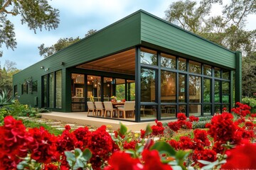 Contemporary abode with a forest green exterior, surrounded by ruby red blooms, with large windows and a sand-colored dining set