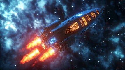 Fototapete - A sleek, futuristic rocket propels itself through the cosmos, leaving a trail of fiery orange flames. The star-filled sky creates a stunning backdrop as the craft journeys towards distant galaxies.
