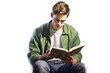 © Phuwadon - young man reading a book Express knowledge and interest isolated on a white background