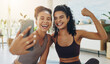 © LuxeShutter24/peopleimages.com - House, selfie and women with fitness, flexing and training with smile, confidence and pride. Smartphone, apartment and friends with happiness, wellness and excited with challenge, healthy and workout