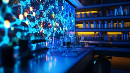 Poster - A laboratory with a large screen behind a countertop with beakers and other lab equipment. The screen displays a bright blue network of connected dots.