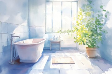 Sticker - A serene, modern bathroom featuring a freestanding tub, large window, and lush potted plant, bathed in natural light.