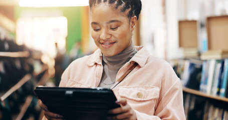 Poster - African, happy and student with tablet in library for research information, university news and study schedule. Woman, digital and reading online with education ebook, exam results and project report