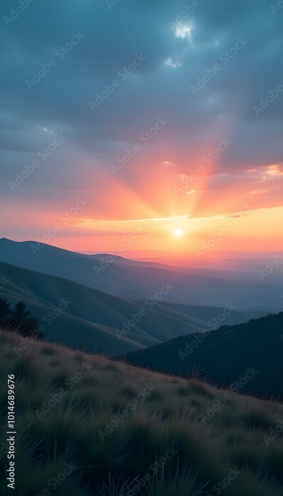 Sunset Over Rolling Hills: A breathtaking panoramic view of a vibrant ...