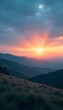 Sunset Over Rolling Hills: A breathtaking panoramic view of a vibrant sunset casting warm hues across rolling hills and valleys, creating a serene and picturesque landscape.