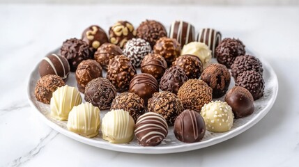 Assorted chocolate truffles beautifully arranged on a platter. Sweets, confectionery and treats