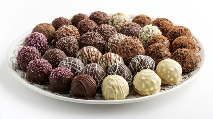 Assorted chocolate truffles beautifully arranged on a platter. Sweets, confectionery and treats