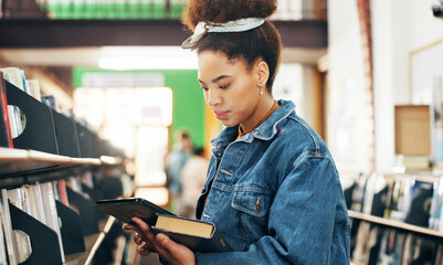 Poster - Tablet, reading and books with woman in library for knowledge, education and college thesis. Academy, future and university with student and online portal on campus for exam, project and scholarship