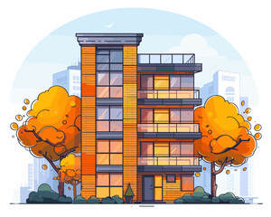 Wall Mural - Modern flat design vector illustration concept of urban architecture. Buildings and trees in autumn season.