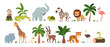 © Foxy Fox - Jungle animals. Cute safari wild mammals. Funny exotic mammal, bird and reptile. Elephant, parrot, lion, crocodile, turtle and palm tree. Kids vector set