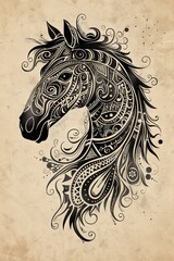 Canvas Print - Horse head with intricate tribal designs in a conceptual illustration.