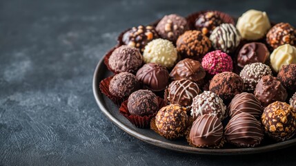 Assorted chocolate truffles beautifully arranged on a platter. Sweets, confectionery and treats