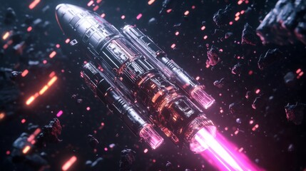 Aufkleber - A futuristic, metallic spaceship travels through space. The spaceship is sleek and silver, with a long, pointed nose. It has a large engine on the back, which is emitting a bright pink light