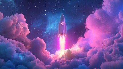 Aufkleber - A rocket launches into space, propelled by bright flames, navigating through colorful clouds under a starry night. The scene captures the wonder of exploration and the beauty of the cosmos.