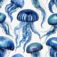 Seamless pattern with blue jellyfish. Hand drawn watercolor illustration