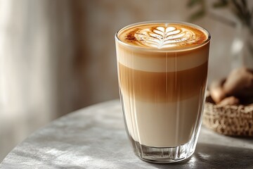 Wall Mural - Elegantly Crafted Latte Art in a Tall Glass Showcasing Intricate Milk Foam Patterns