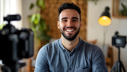 A Smiling Man Recording a Video with a Camera