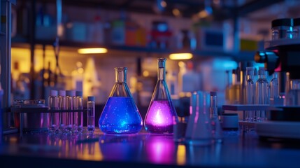 Poster - A dimly lit laboratory setting with a table in the foreground. Two beakers containing blue and purple liquid are the focal point