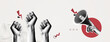 © accogliente - Trendy Halftone Collage Raised Fist up and hand with megaphone. Demonstration of protest. Fight for your rights. Power sign. Success and strength. Magazine style. Contemporary vector art illustration