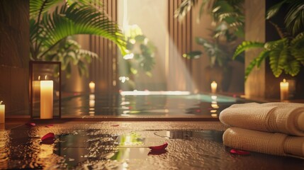 Poster - A serene and peaceful scene of a bathtub with candles and flowers, surrounded by lush greenery