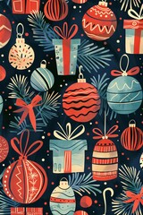 Wall Mural - Repeating design of holiday ornaments and gifts.