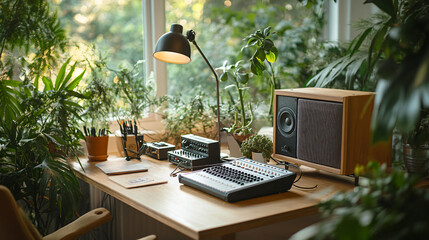 Items for recording podcast in cozy home studio. 