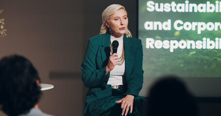 Poster - Mature woman, stage and sustainability at seminar for information, knowledge and public speaking. Female person, presentation and screen at global summit for business and social responsibility