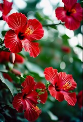 Bright red hibiscus flowers showcase intricate petals in flourishing garden. The lush greenery creates a vibrant backdrop for their beauty. AI