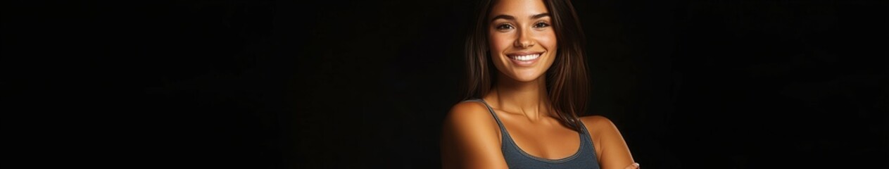 Canvas Print - Smiling young woman with long hair posing against a dark background