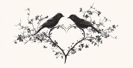 Beautiful black and white vector art of two birds sitting on the branches of flowers, forming an elegant heart shape, with lots of negative space around them, on a light grey background.