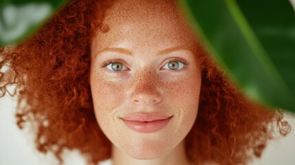 A cheerful woman with curly red hair and freckles smiles warmly, surrounded by lush green leaves in a sunlit space