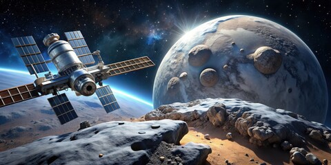 Wall Mural - Space station on an asteroid in deep space with a space mission for planet landing , space station