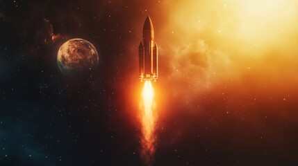 Fototapete - A rocket ascends through the atmosphere, leaving a trail of flames and smoke, as the Earth can be seen in the distance, set against a backdrop of vibrant colors during sunset, illuminating the sky.