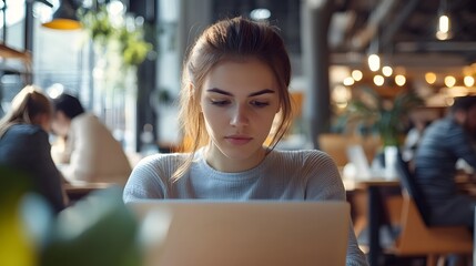 Young Woman Using Laptop in a Cafe