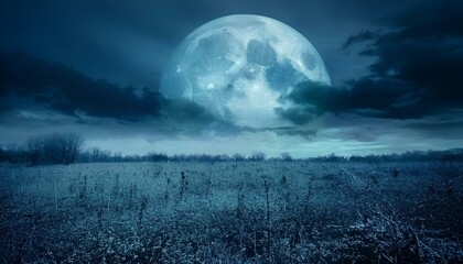 scare landscape with a full moon and clouds over the sky, mystical horror scene, color toning