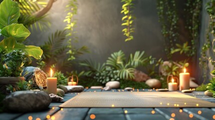 Cozy candlelit garden oasis with lush foliage soothing stones and tranquil ambiance providing a serene space for peaceful meditation wellness retreat and ultimate relaxation