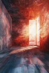 Wall Mural - A room with a door that is open and a window that is lit up by the sun. The room is empty and has a dark, industrial feel to it