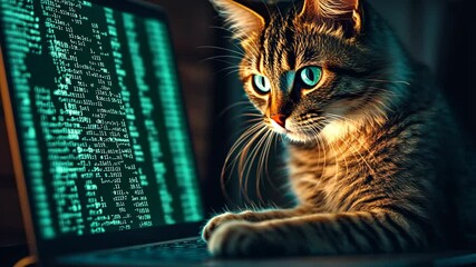 A tabby cat with blue eyes intently watches a laptop screen displaying code in a dark room