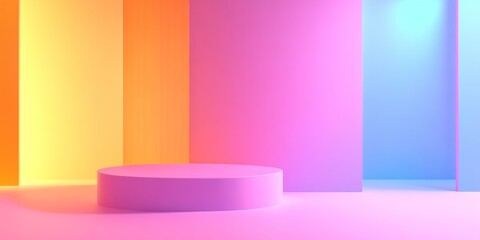 Poster - A colorful room with a pink pedestal in the middle. The room is full of bright colors and the pedestal is the only solid color