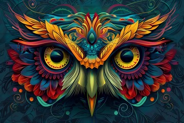 Sticker - Female artist's depiction of an owl head with vibrant tribal patterns.