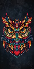 Canvas Print - Flat lay of an owl head with colorful tribal patterns.