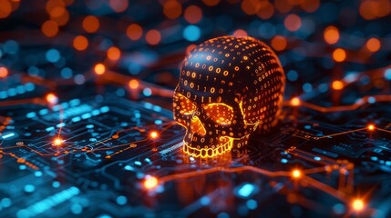 A glowing skull made of binary code sits on a circuit board, symbolizing the dangers of cyber security threats.