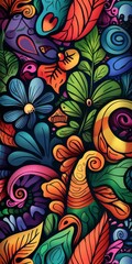 Wall Mural - Hand-drawn cartoon background with a vibrant pattern.