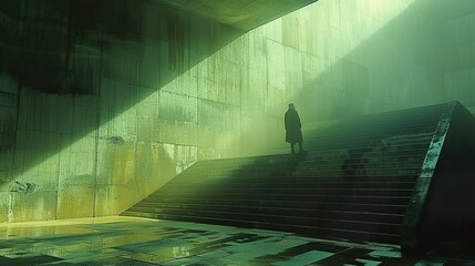 Canvas Print - A Solitary Figure on a Green Concrete Staircase