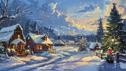 Wall Mural - A painting of a small town with houses and a Christmas tree. The houses are covered in snow and the tree is decorated with lights. The mood of the painting is cozy and festive